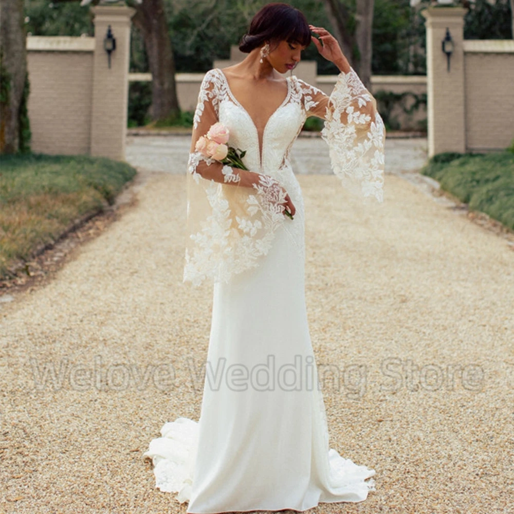 Exquisito vestido de novia de manga larga con apliques, Sexy, escote en V profundo, espalda abierta, sirena, largo hasta el suelo, tren de barrido con botones