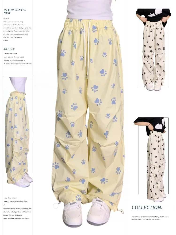 

Желтые женские летние спортивные брюки-карго в американском стиле, широкие, повседневные, для прогулок, с высокой талией, маленький размер