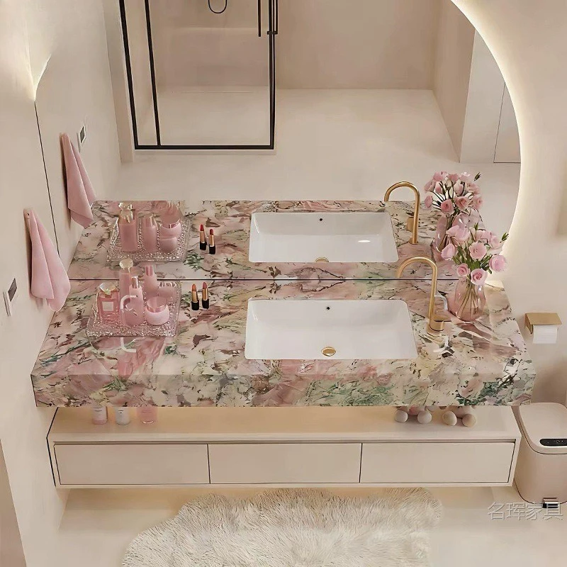 Household four seasons powder rock slab bathroom seamless bathroom cabinet, ceramic combination integrated hand washbasin