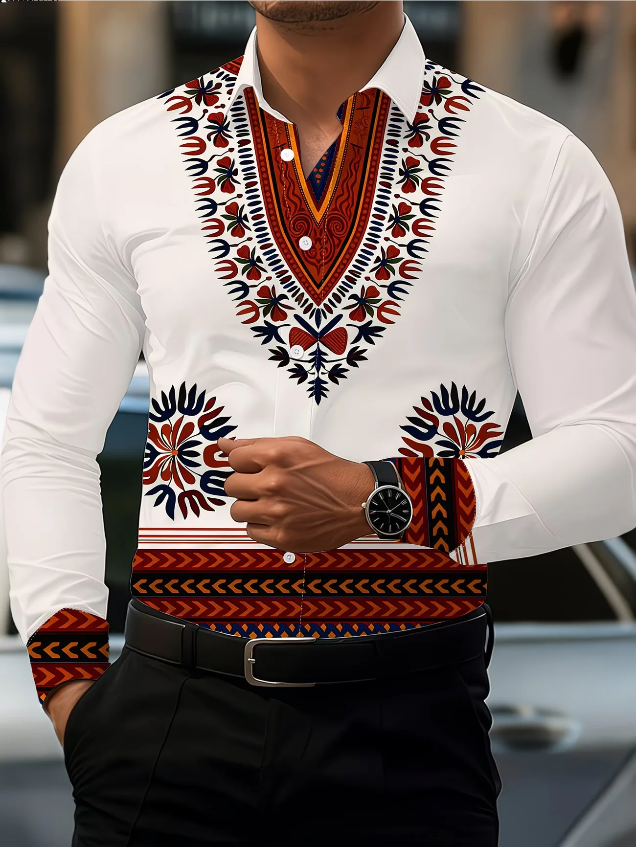 

Новая мужская рубашка с длинным рукавом в африканском этническом стиле с геометрическим принтом на белом фоне, в богемном стиле, повседневная рубашка с цветочным принтом.