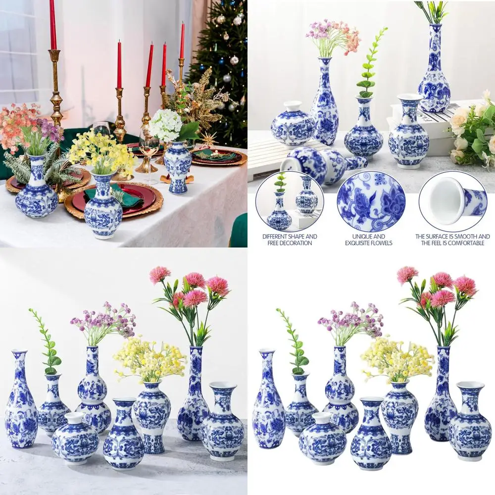 

Vintage Blue Chinoiserie Vases Set of 8, Small Elegant White Ceramic Flower Vases for Home Decor, Living Room, Bookshelf Centerp
