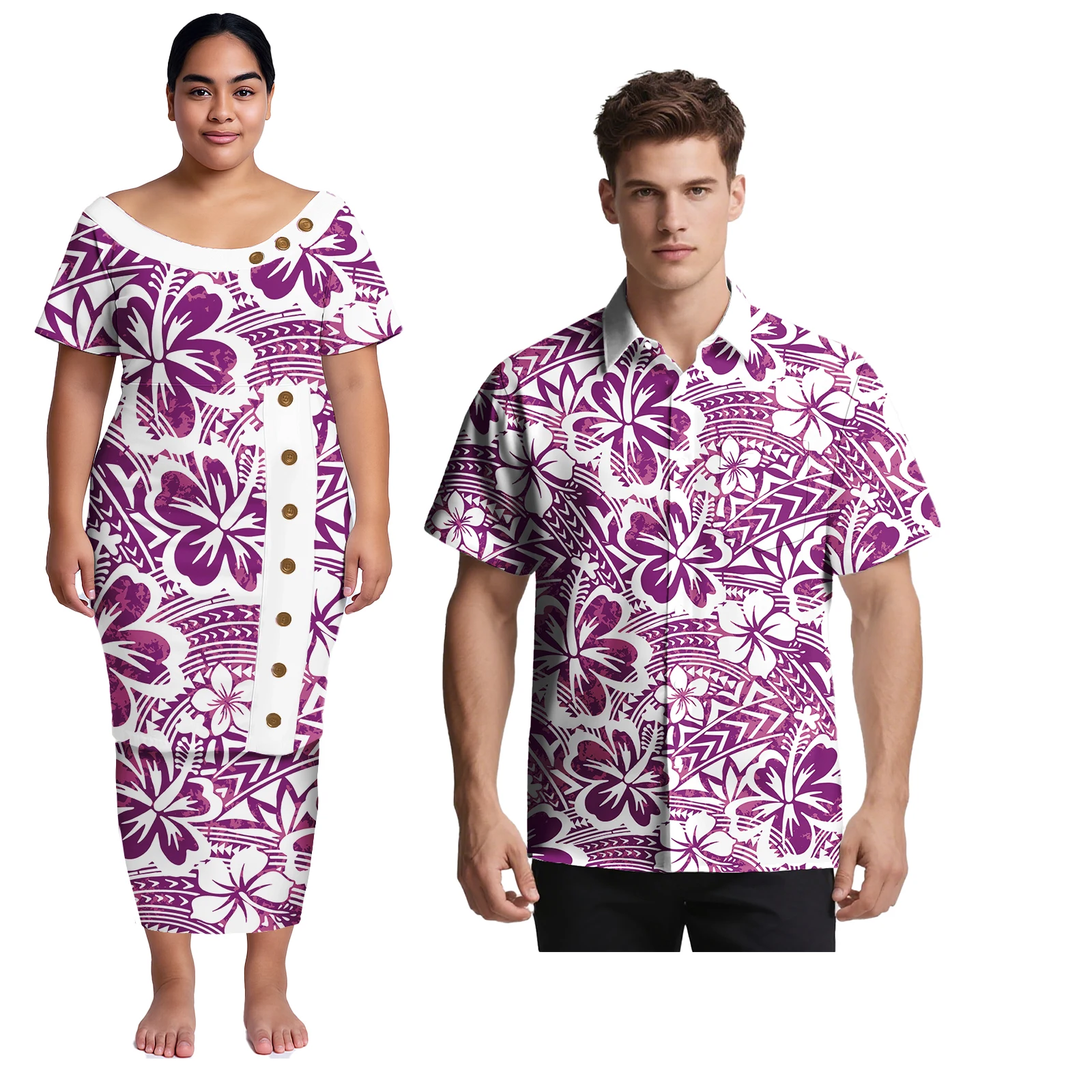 Matching Clothes for Couples Samoan Puletasi Dresses Men's Shirts Polynesian Tribal Couple Outfit Sets