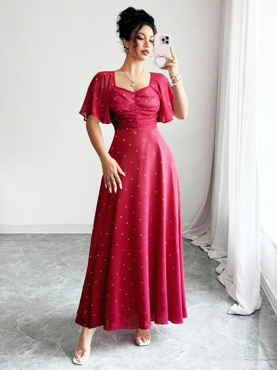 Abito lungo rosso stile francese dolce da donna con stampa a pois, maniche a pipistrello e cerniera posteriore