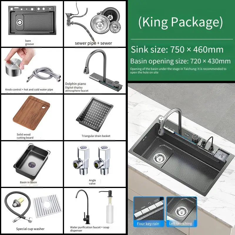 304 stainless steel emed washing basin kiten home left side thickened single slot Digital display Feiyu Waterfall sink