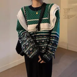 Women Korean Trend Vintage Patchwork Contrasting Colors Knitting Sweater Women Clothes Vintage Pullover Long Sleeve Sweater Card