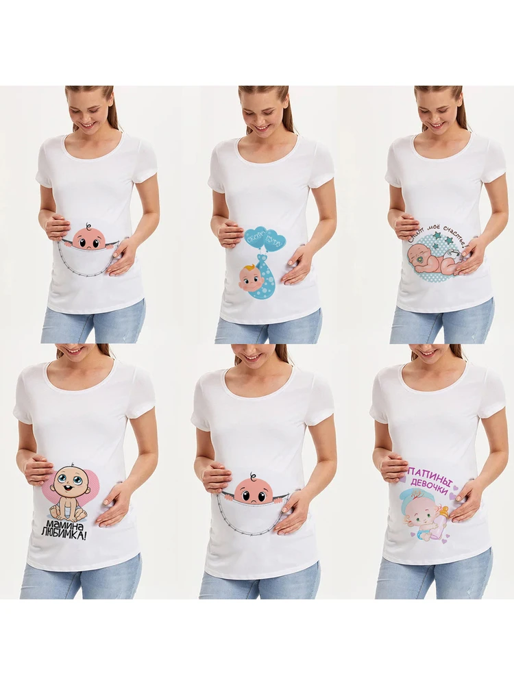 

Pregnancy Shirt Maternity Cute Baby Print O-Neck Short Sleeve T-shirt Pregnant Tops Mama Clothes Baby Announcment Tshirt