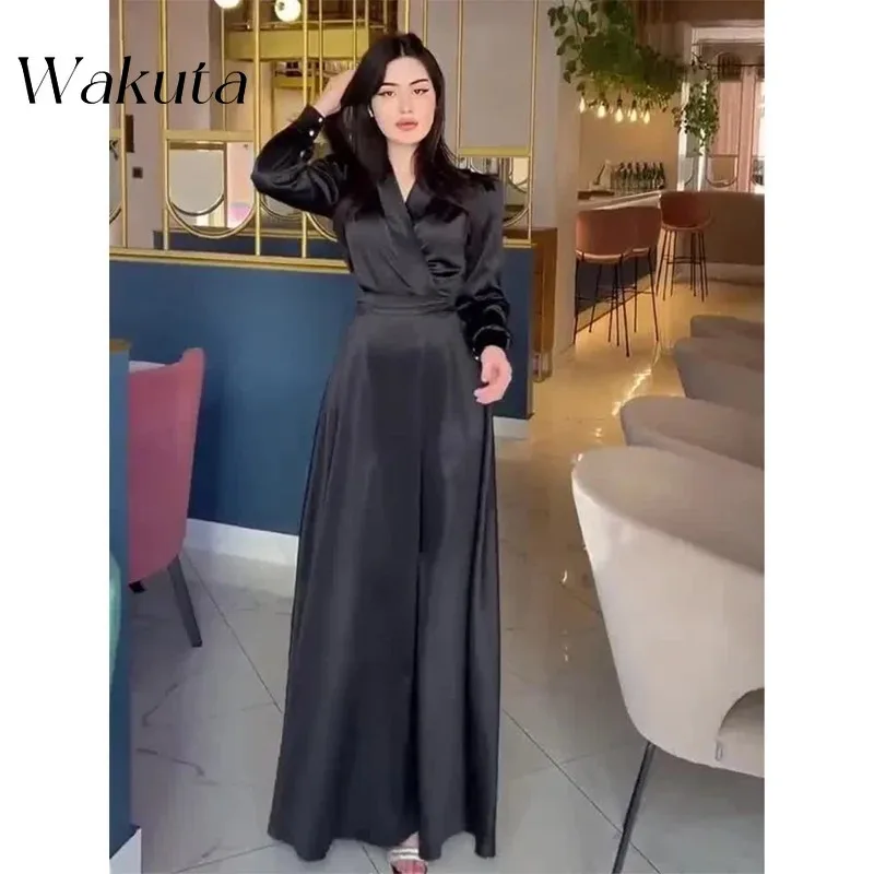 Wakuta Elegant V-neck Long Sleeved Button Satin Evening Maxi Gowns Fashion Waist Cinching Solid High-end Party Robe Dubai Luxe