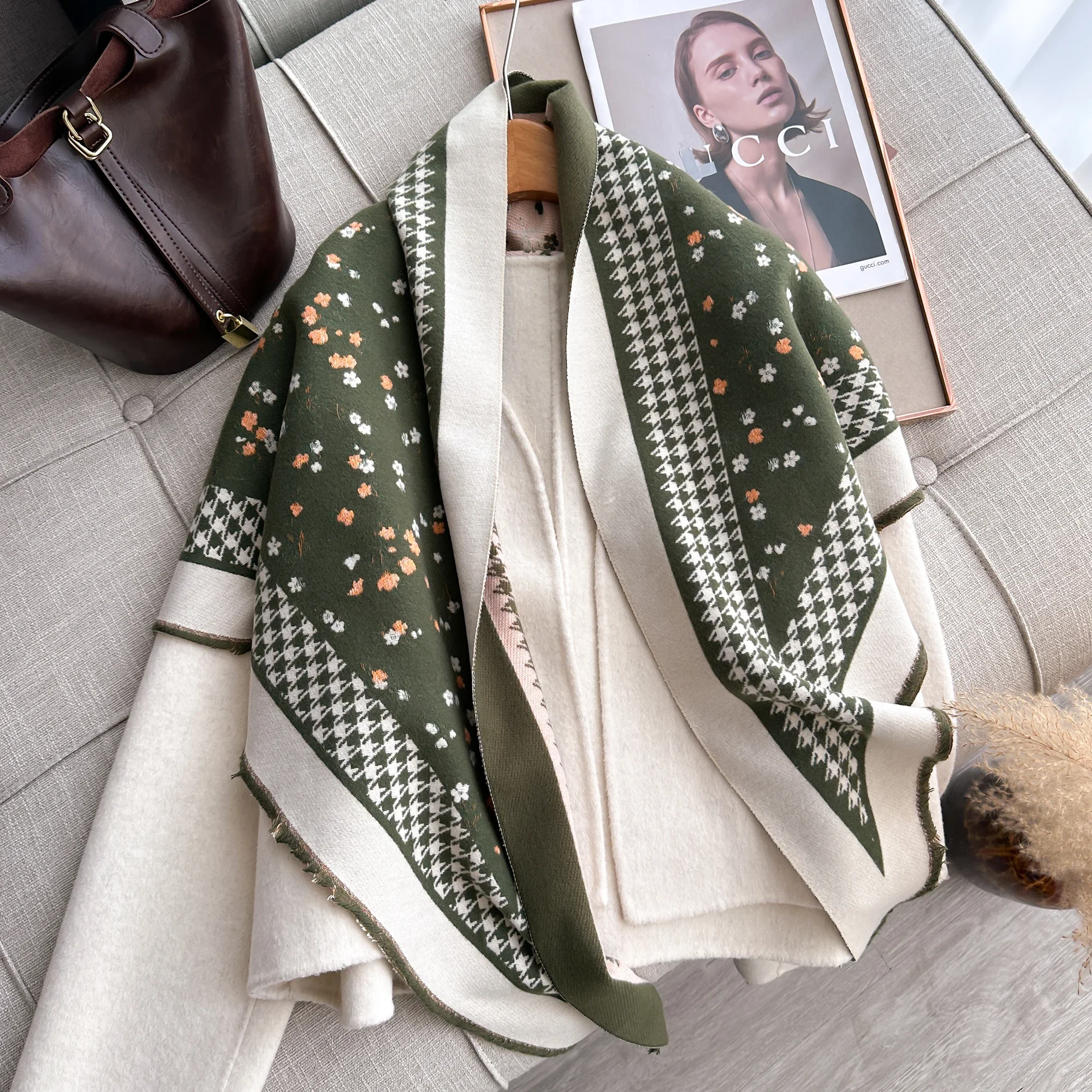 Abrigo de Cachemira tejido para mujer, Poncho triangular de diseñador, capa, cárdigan con frente abierto, chal envolvente, Ponchos para mujer para primavera y otoño