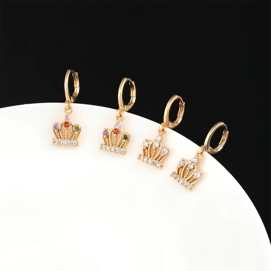 Luxury Queen Crown Drop Earrings Gold Color Crystal Zircon Dangle Earrings Metal Hoop Princess Wedding Jewelry Women Girl Gifts