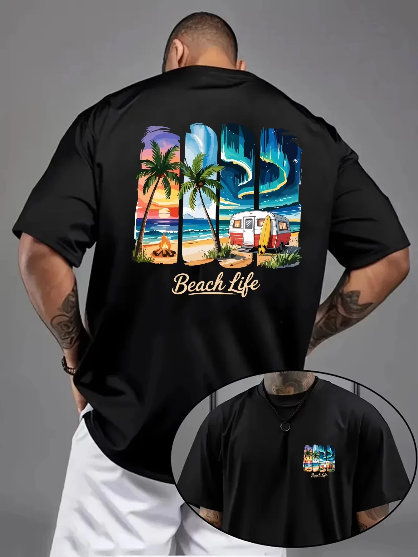 Unisex Beach Life Graphic T Shirt Palm Tree RV Camper Surf Front Back Print Short Sleeve Crew Neck Summer Vacation Casual Tee