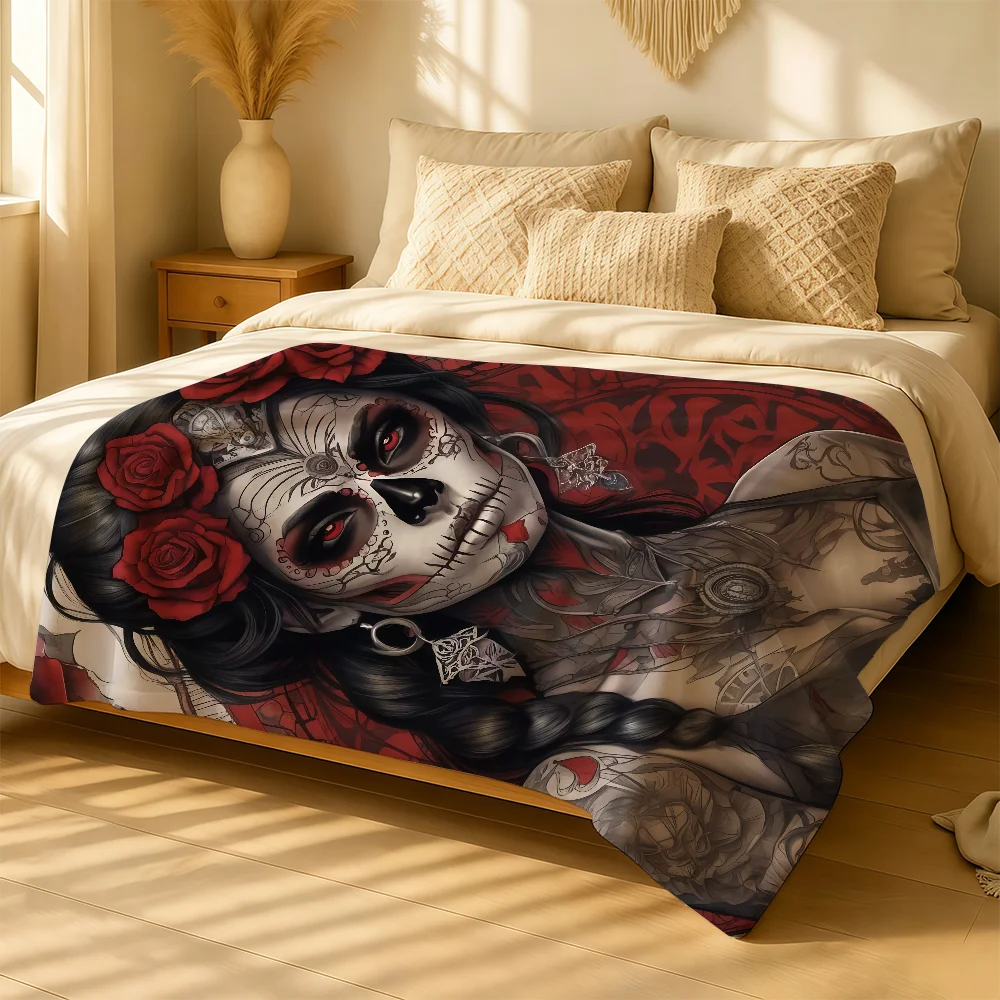 Horror Female Skull Dead Girl Blanket For Soft Warm Knee For Bedroom Living Room Bed Sofa Camping Picnic Office Gift Throw