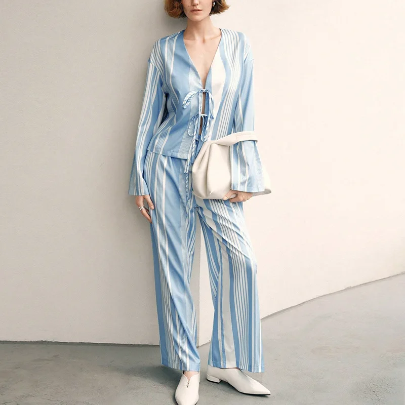 

2026 Autumn Elegant Striped Long-Sleeve Shirt And Straight-Leg Pants Two-Piece Pajama Set