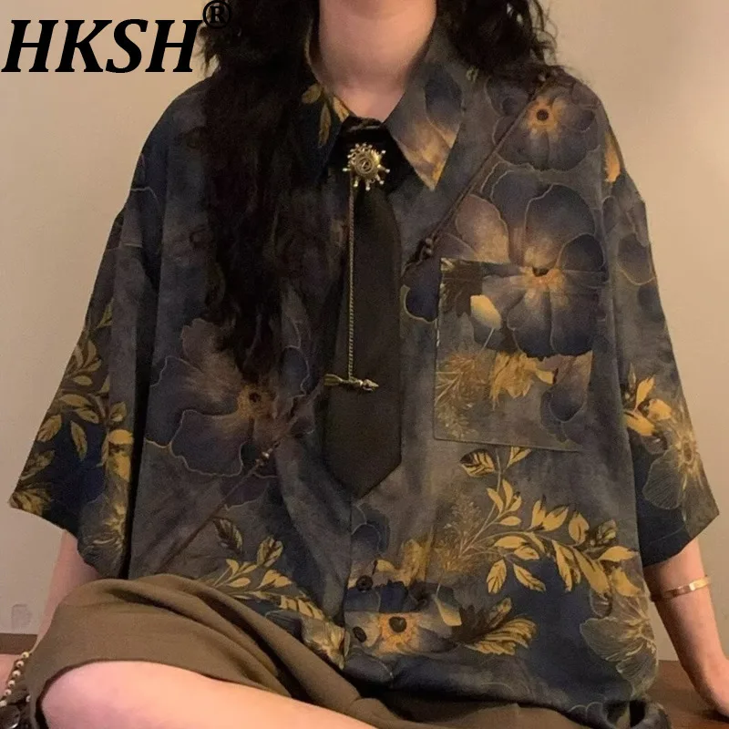 

Женская блузка HKSH с принтом, отложным воротником, на одной пуговице, с коротким рукавом, элегантная повседневная, винтажный топ, новинка лета 2026 HK21175