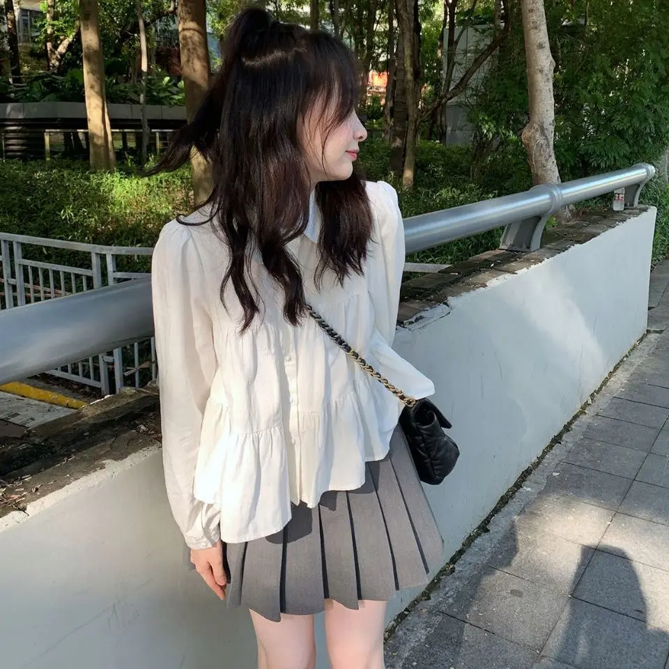 

White Shirts Women Peter Pan Collar Sweet Girls All-match Spring Autumn Folds Basic Leisure Cozy Tops Feminine Simple College