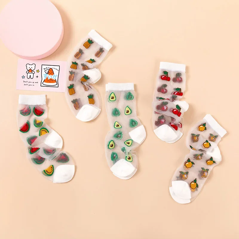 Korean Style Thin Transparent Funny Socks Women Fruit Avocado Watermelon Pineapple Creative Design Glass Skarpety Lace Sokken