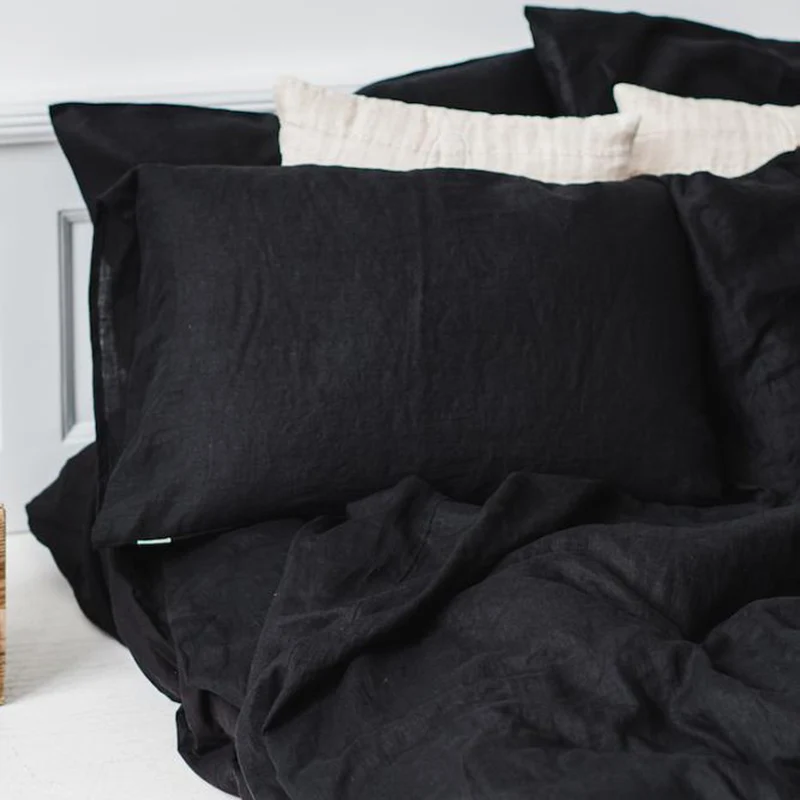 

Near Black Pure Linen Soft Duvet Cover Set, 3 Pieces Solid Color Bedding Set with 1 Button Duvet Cover and 2 Pillow Shams