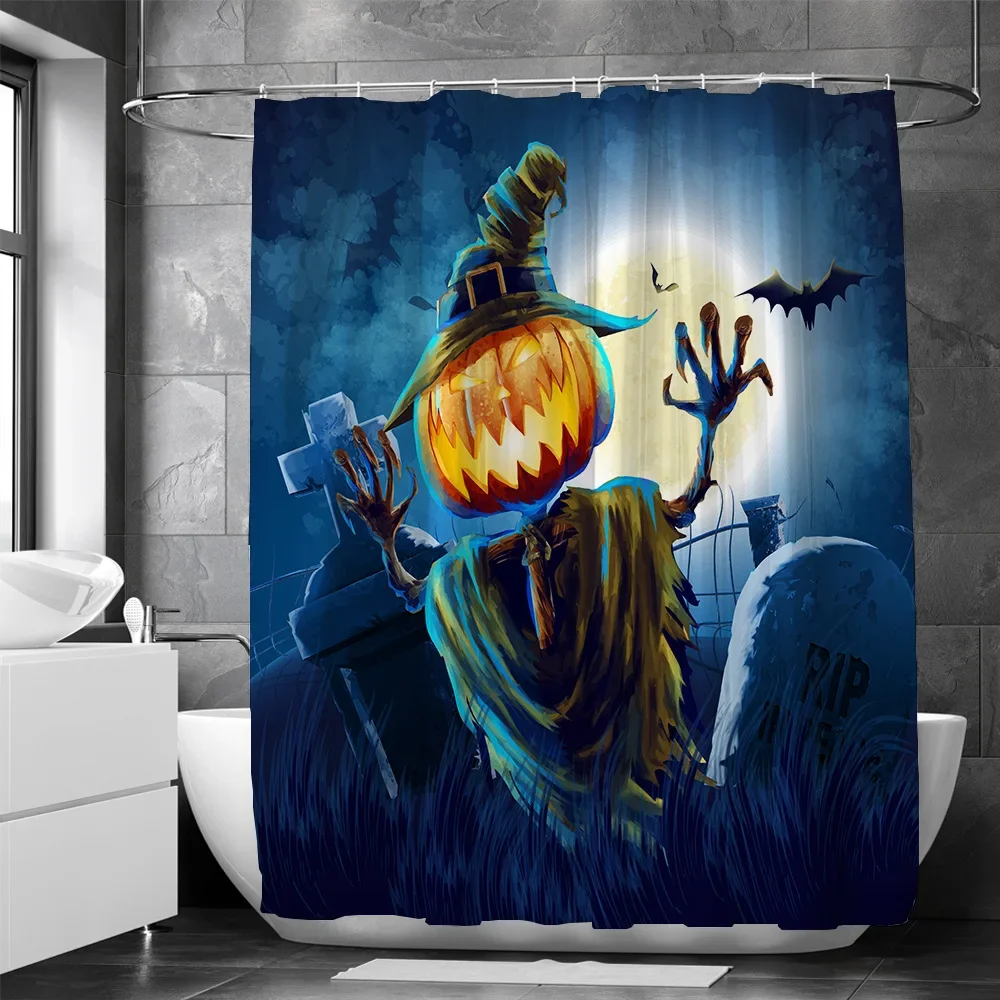 Happy Halloween Shower Curtain Pumpkin Spooky Black Cat Castle Bat Moon Gothic Polyester Fabric Bathroom Shower Curtains Sets