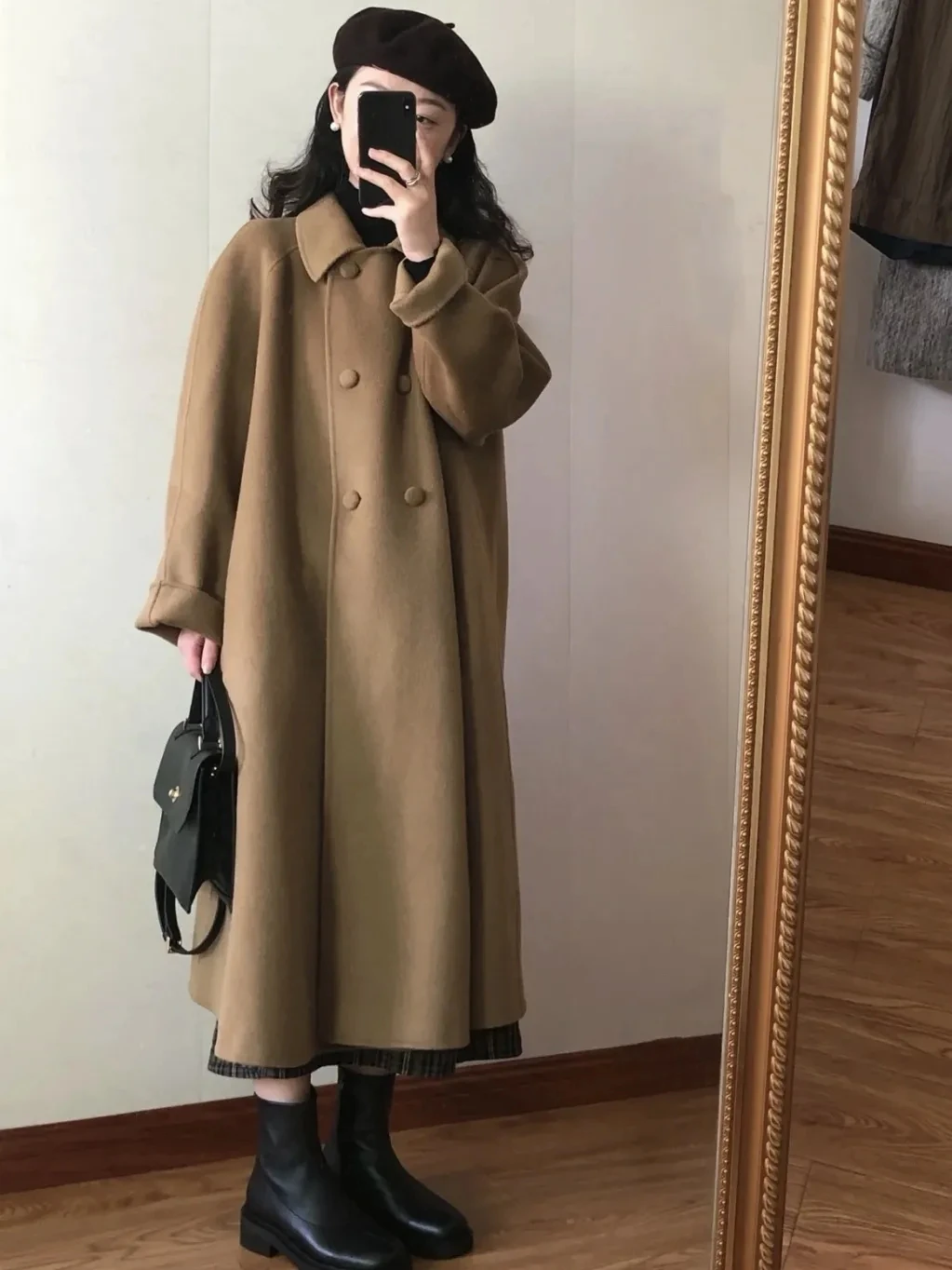 

Wool Blend Coats Mid Long Womens Coat Artisanal Fall Brocade Flounce Single-Layer Chic Ulzzang Style College Youthful Endurance