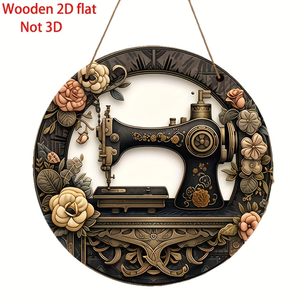 2D Flat, 1pc, Vintage Sewing Machine Round Wooden Sign, Circular Wooden Wall Decoration, Home Garden Decor, Door Header Decorati