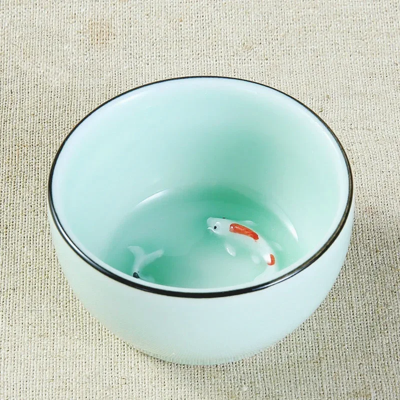 80ML Celadon China Tea Cup Green/Blue Hand-painted Embossed Pisces Cups Jingdezhen Kaolin Ceramics Pu'er Teacup Wholesale