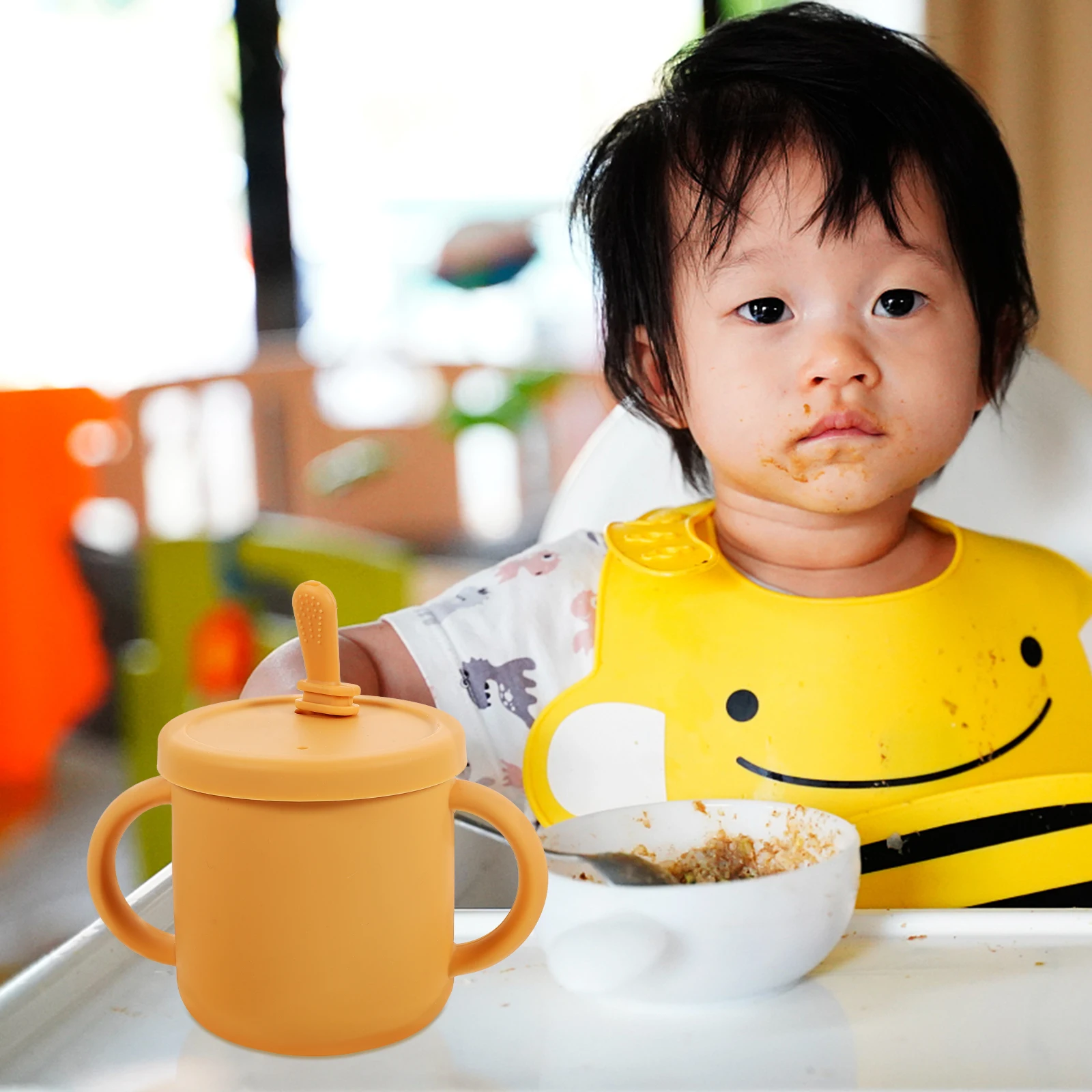 

Leakproof Silicone Straw Cup with Handles Food Container Milk Tea Drinking Training Mug Toddler Anti-Drop Spill-Proof Baby