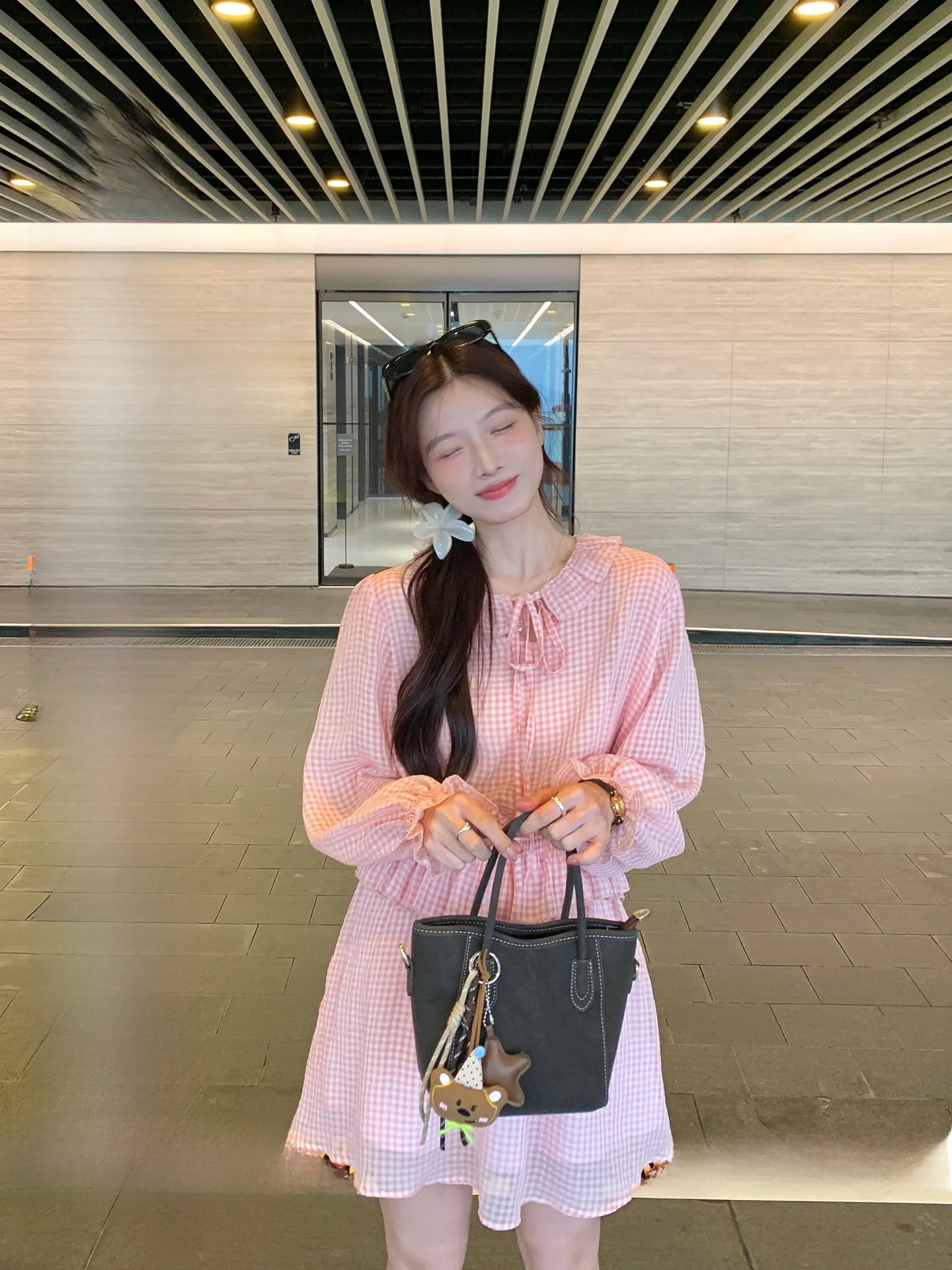 

Женский комплект из двух предметов: рубашка в клетку с высокой талией и короткая юбка, свободный крой, корейская мода, дышащий, легкий, весенний.