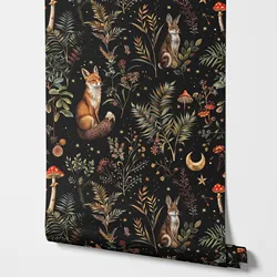 Dark Mushroom Wallpaper Peel and Stick, Whimsical Botanical Wall Mural Secret Garden at Night,Self-adhesive Or Tradition Papers
