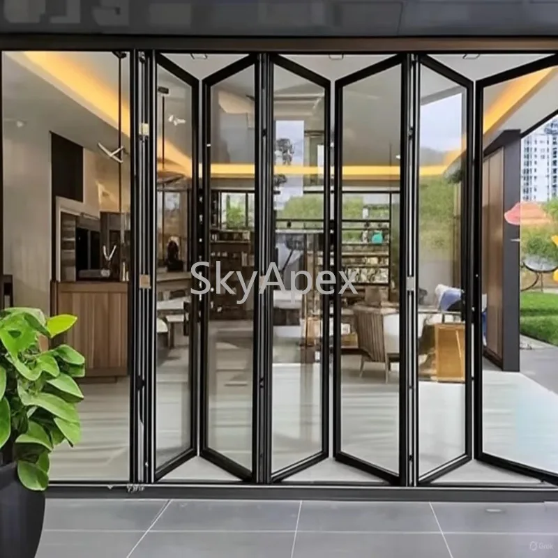 Modern Waterproof Tempered Glass Aluminium Foldable Bi Fold Doors For Bathroom Bedroom Villa  Outdoor  Use Soundproof Heavy Duty