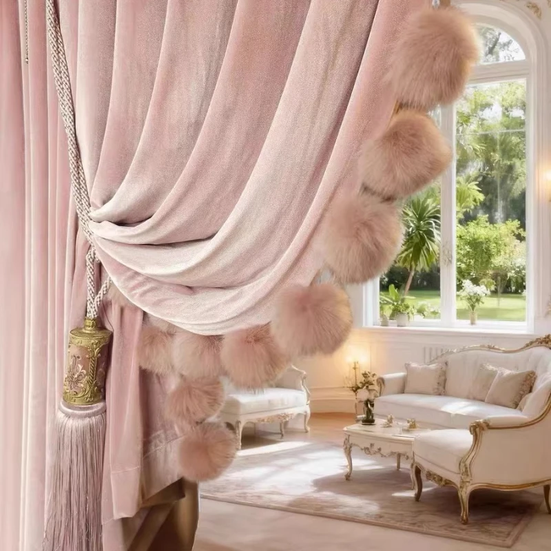 Custom Size French Light Luxury Pink Rococo Retro Elegant Curtains Princess Style Pom-pom Velvet High-end European Style Villa