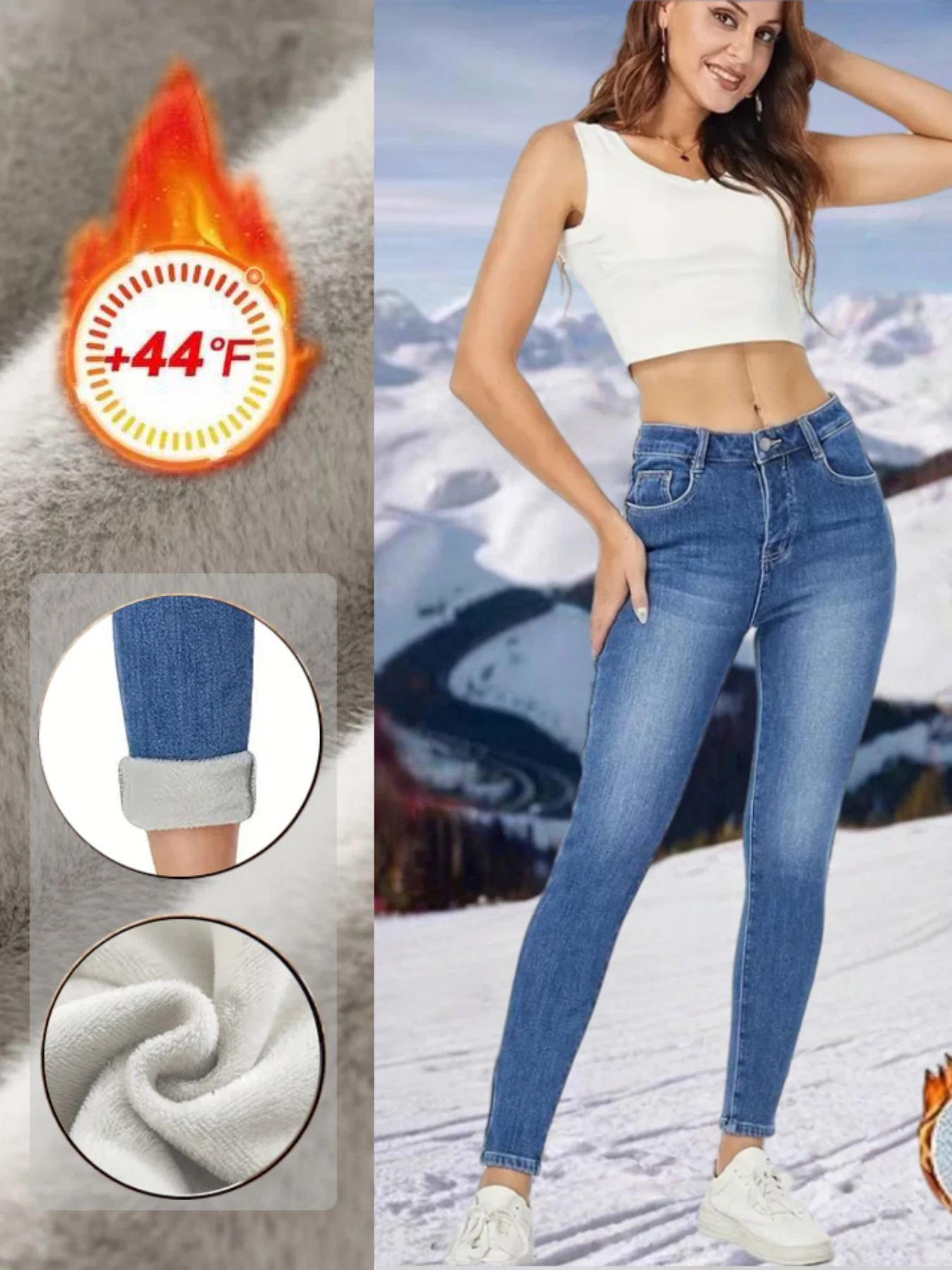 Women's Winter Fleece Lined Warm Jeans High Waist Skinny Stretch Slimming Pants Deep Blue Cuffed Design Comfortable Versatile Vi