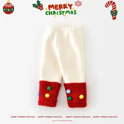 Winter New Year Christmas Baby Girls Pants Patchwork Plush Ball Stretch Infant Girl Warm Leggings Toddler Girls Pants