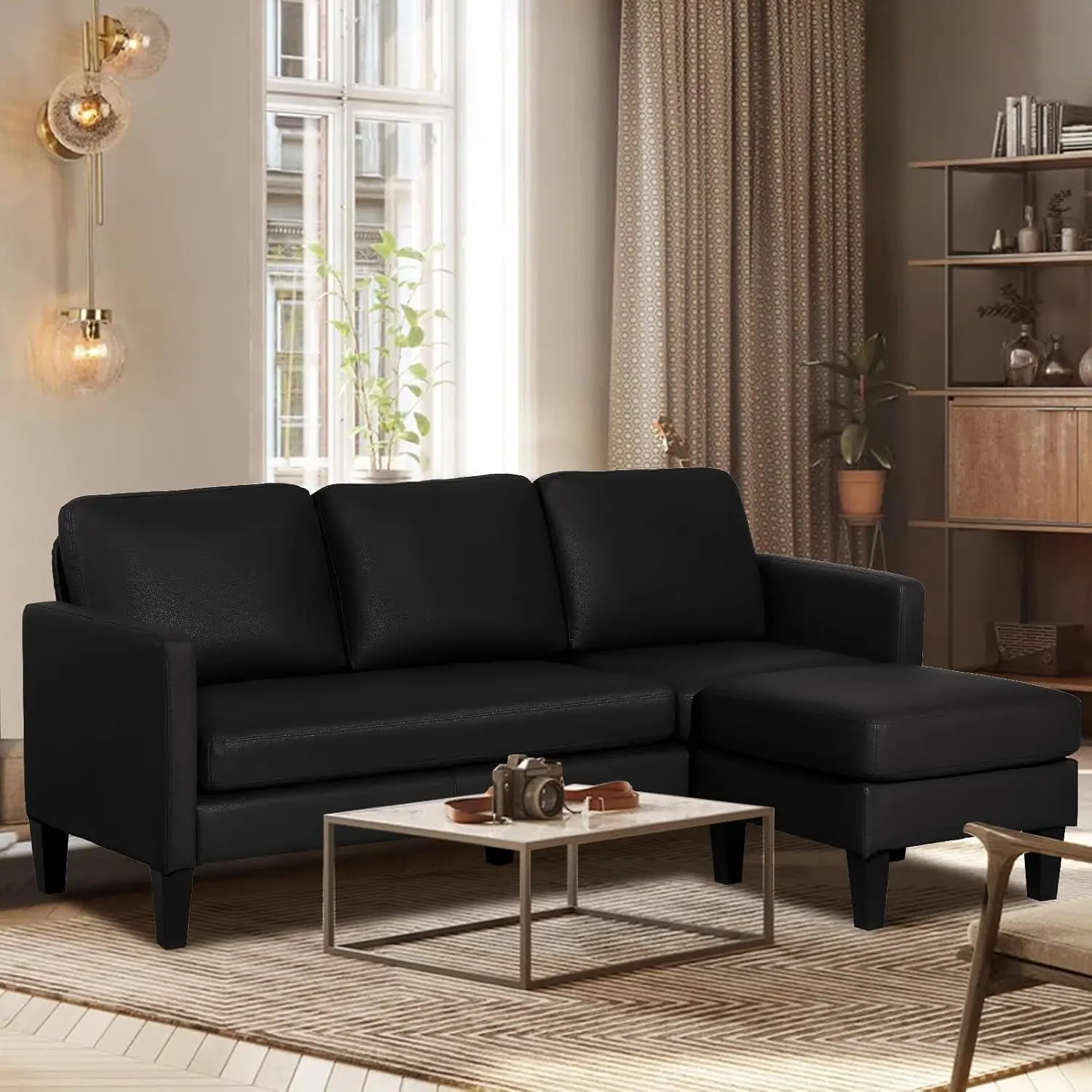 PU Leather L Shaped Sectional Sofa, Convertible, Black, Customized