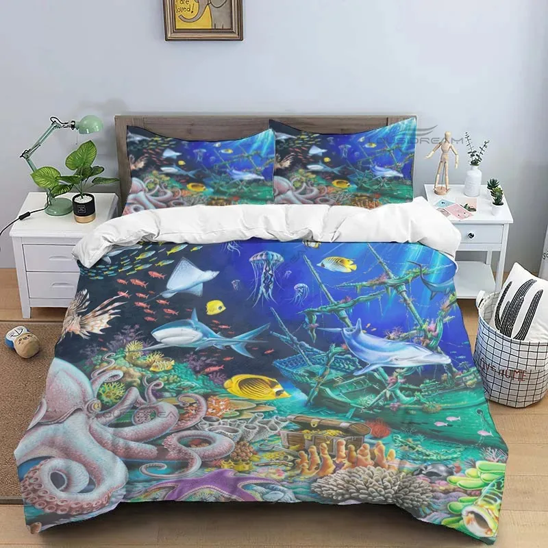 Ocean World Marine Life Art Pattern Comforter Bedding Set,Duvet Cover Bed Set Quilt Cover Pillowcase,King Queen Size Bedding Set