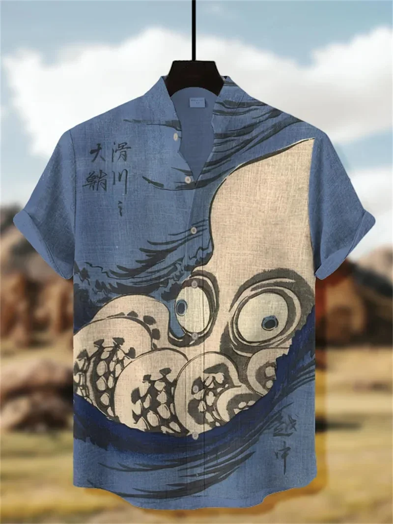 

New style and retro style linen short sleeved shirt for men with gold background and red maple leaf print casual top