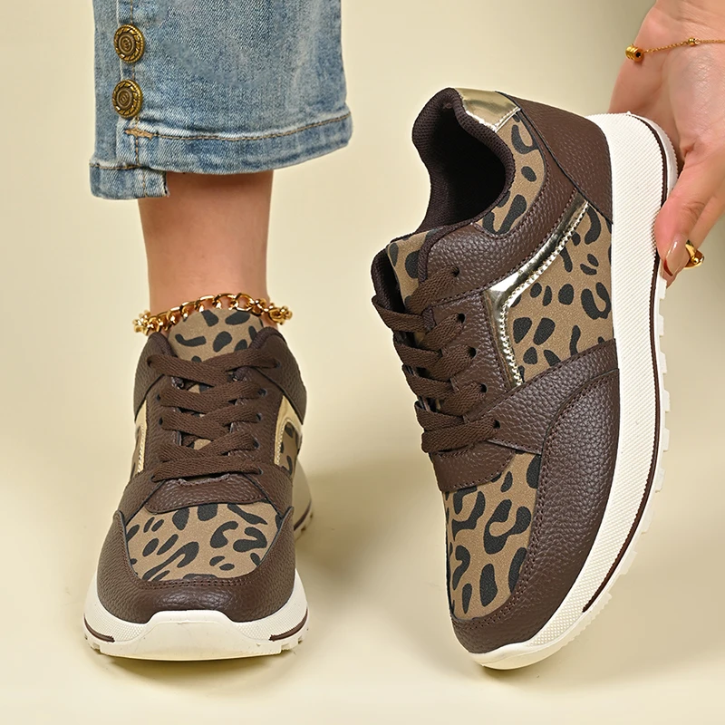 Zapatillas de deporte con plataforma de leopardo para mujer, zapatos informales de tendencia para exteriores, cómodas zapatillas planas con cordones, zapatillas deportivas para correr y tenis para mujer 41