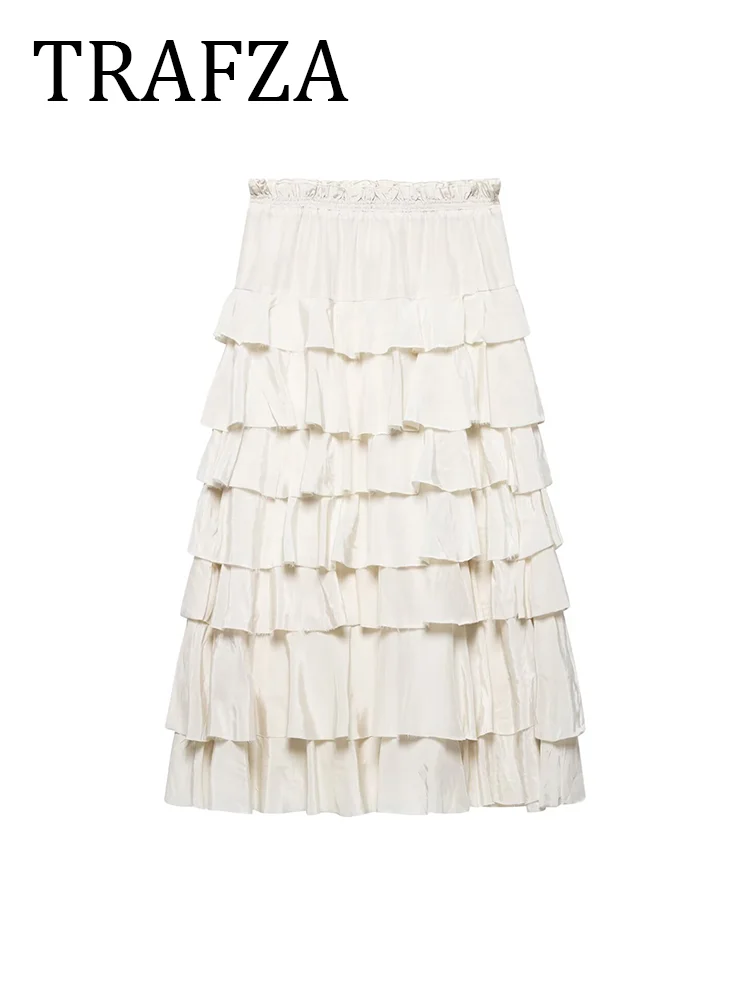 

TRAFZA Ruffled Midi Skirt Womens Vintage Flounce Skirt Woman New Fashion Elegant Solid Long Skirts 2025 Evening Party Skirts