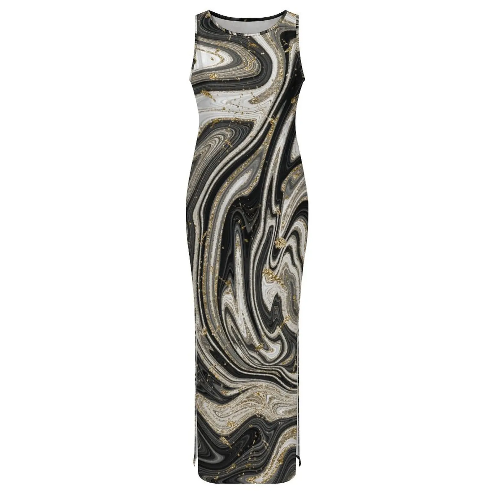 Black White Marble Dress Sleeveless Swirl Modern Print Street Style Maxi Dresses Cute Bodycon Dress Woman DIY Big Size Clothing
