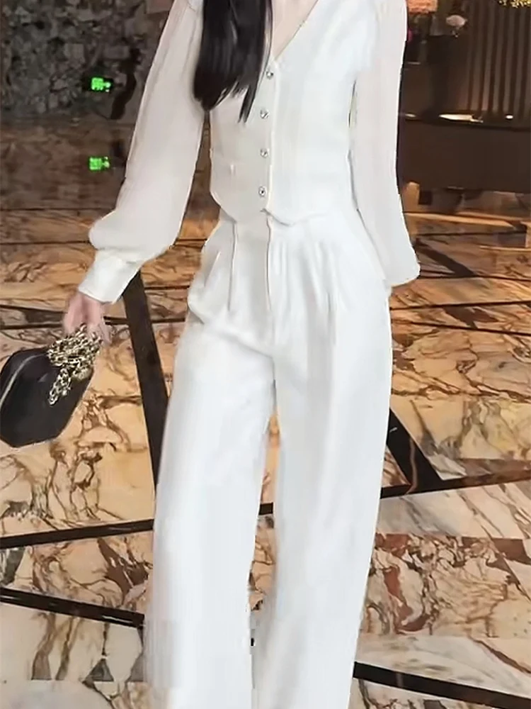 

French style slim fit mesh splicing v-neck top+wide leg pants women spring high-end temperament fashion two piece set