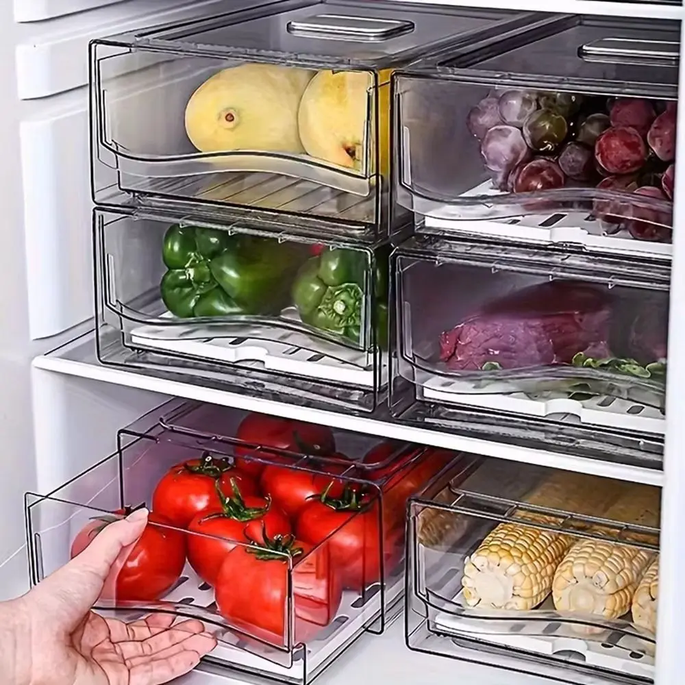 Plastic Drawer-type Fresh-keeping Box Large Capacity Stackable Food Frozen Storage Box Dust-Proof with Drain Tray