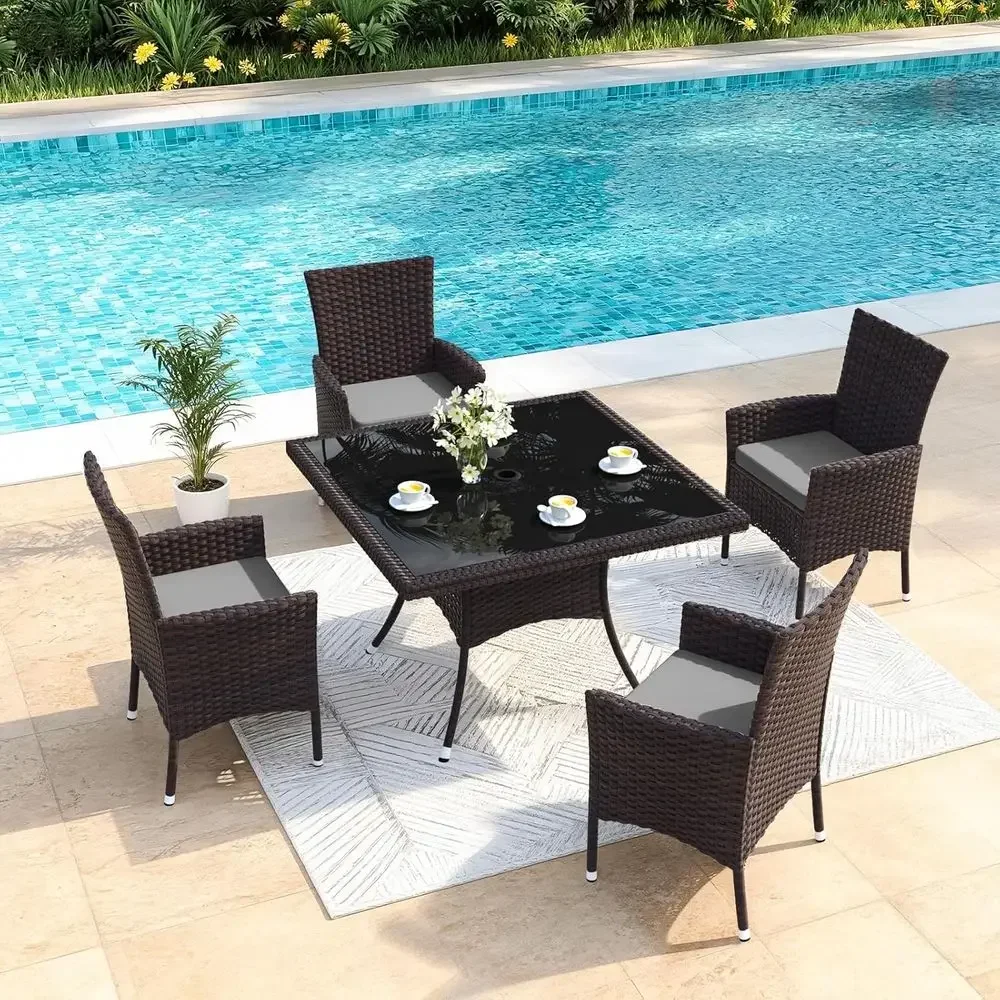 All-Weather Rattan Outdoor Dining Set with Tempered Glass Table and Removable Cushions for Patio, Deck, Grey