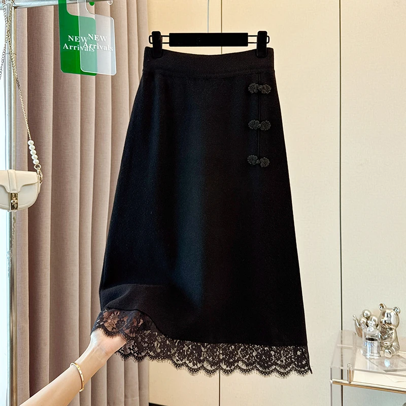 Gonna longuette lavorata a maglia a vita alta con dettaglio bottoni Misto cotone poliestere A-Line Silhouette Thiened Casual Sle per donna