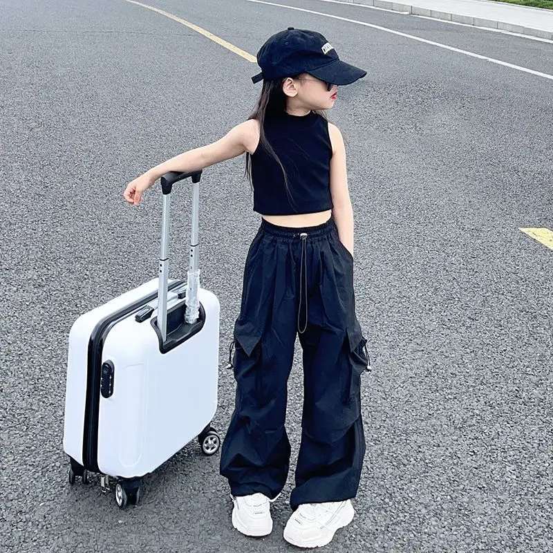 Girls Work Trouser Summer Children's Fashion Casual Comfortable Bottoms New Kids Solid Color Pockets Wide Leg Pants 5-14 Years