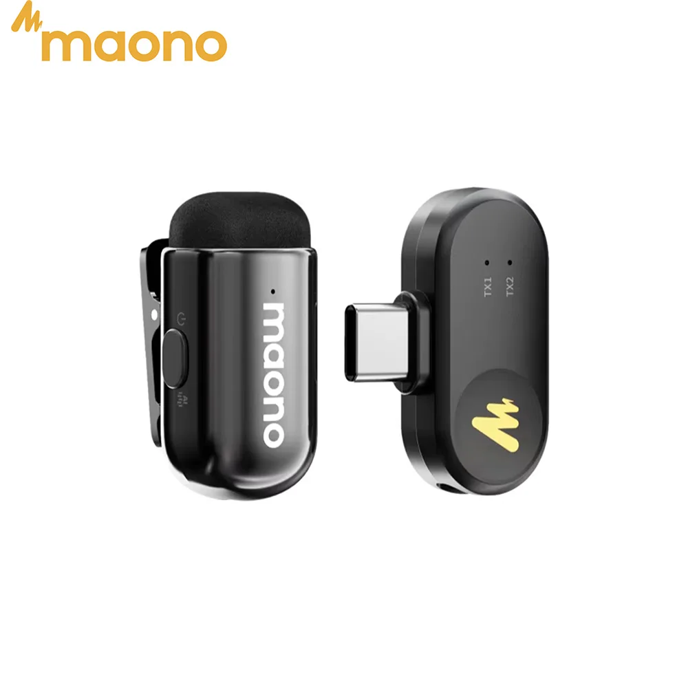 Microfone de lapela sem fio MAONO Wave T1 Mini Pro, microfone pequeno para iPhone, Android e PC, com cancelamento de ruído por IA para gravação de vídeo.