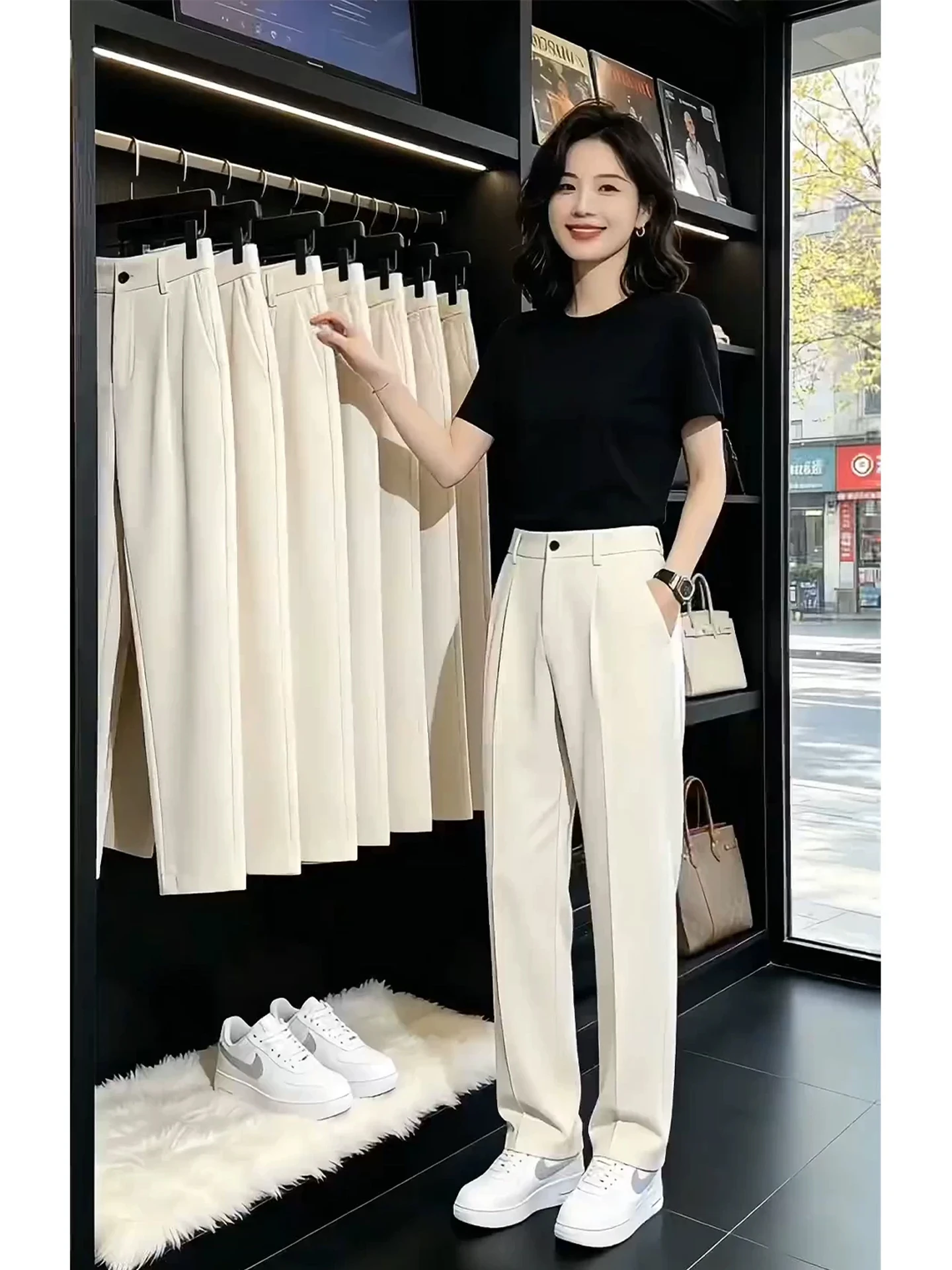 Khaki Ice Silk Cool Feeling Men's Summer Thin Straight Leg Casual Pants Drapey Lightweight Straight Cut Trousers Fashion Brand