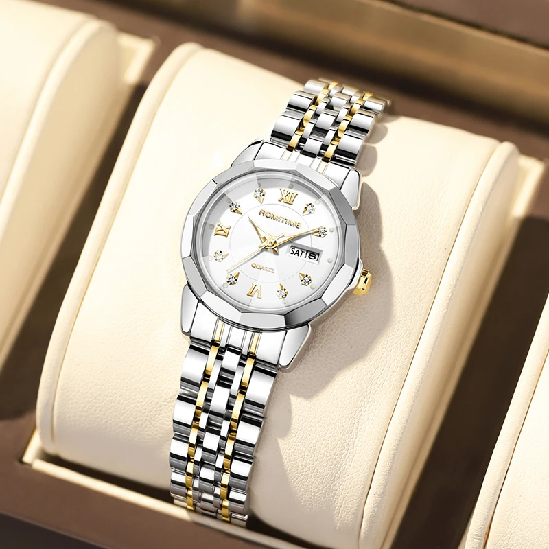 ROMITIME Luxury Women Quartz Watch Alloy Faceted Case Dual-Calendar Display Leisure 30M Waterproof Luminous Lady Clock Watches