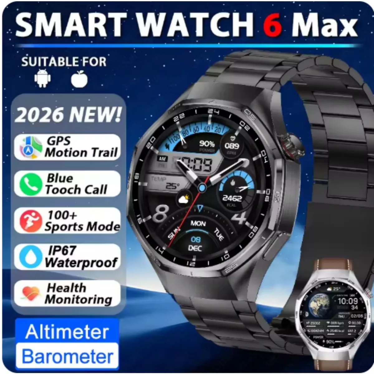 

Смарт-часы Xiaomi Watch 6 Pro 2026 года с AMOLED-экраном, GPS-трекером, HD-звонками по Bluetooth, водонепроницаемостью и мониторингом здоровья для спорта