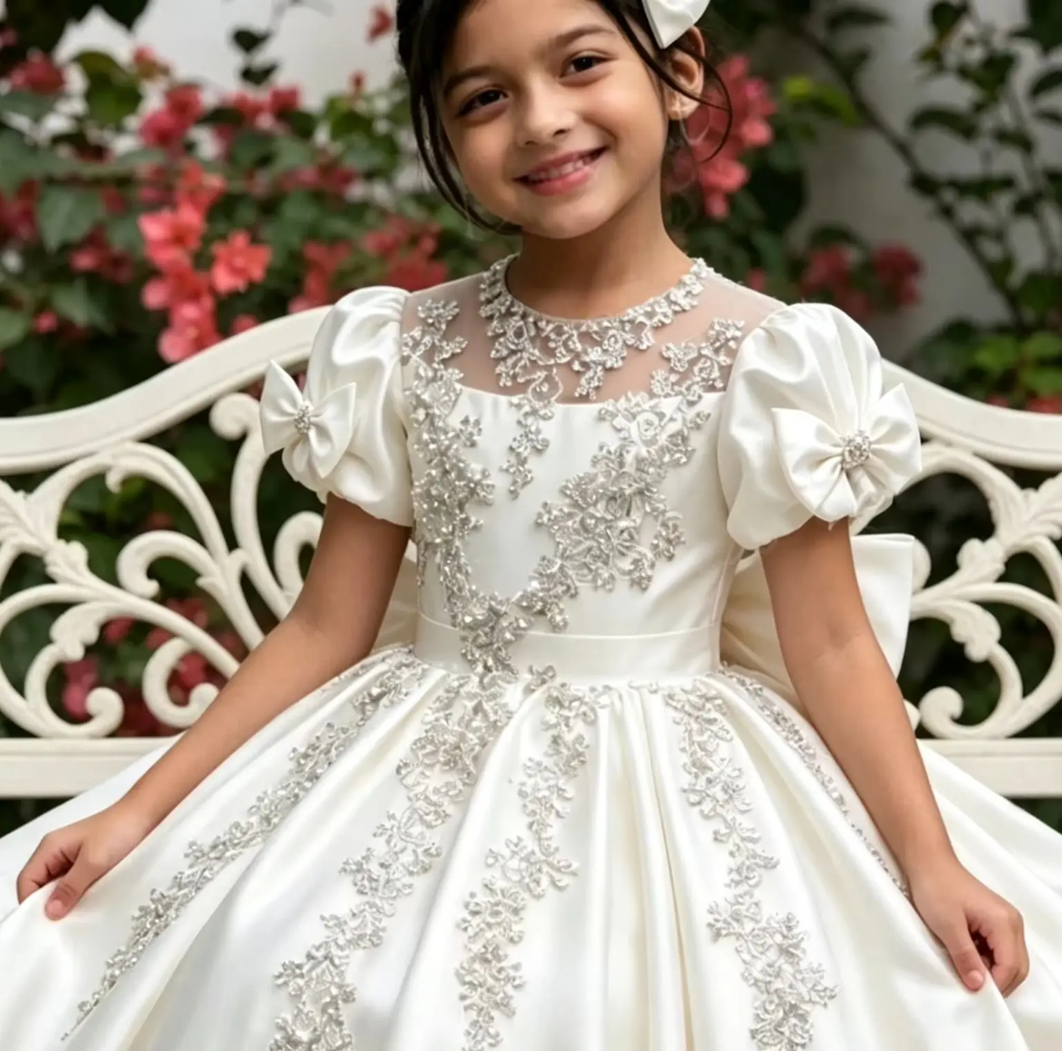 Flower Girl Dresses For Wedding Satin Beading with Bow Floor Lenght Girls Birthday Party Dress First Communion Gown Custom