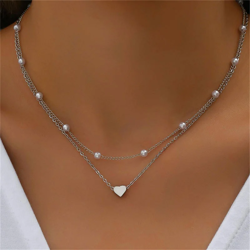 Romantic Heart Pendants Necklace for Women Gold Silver Color Multilayered Oval Beads Chain Necklace Minimalism Female Jewelry