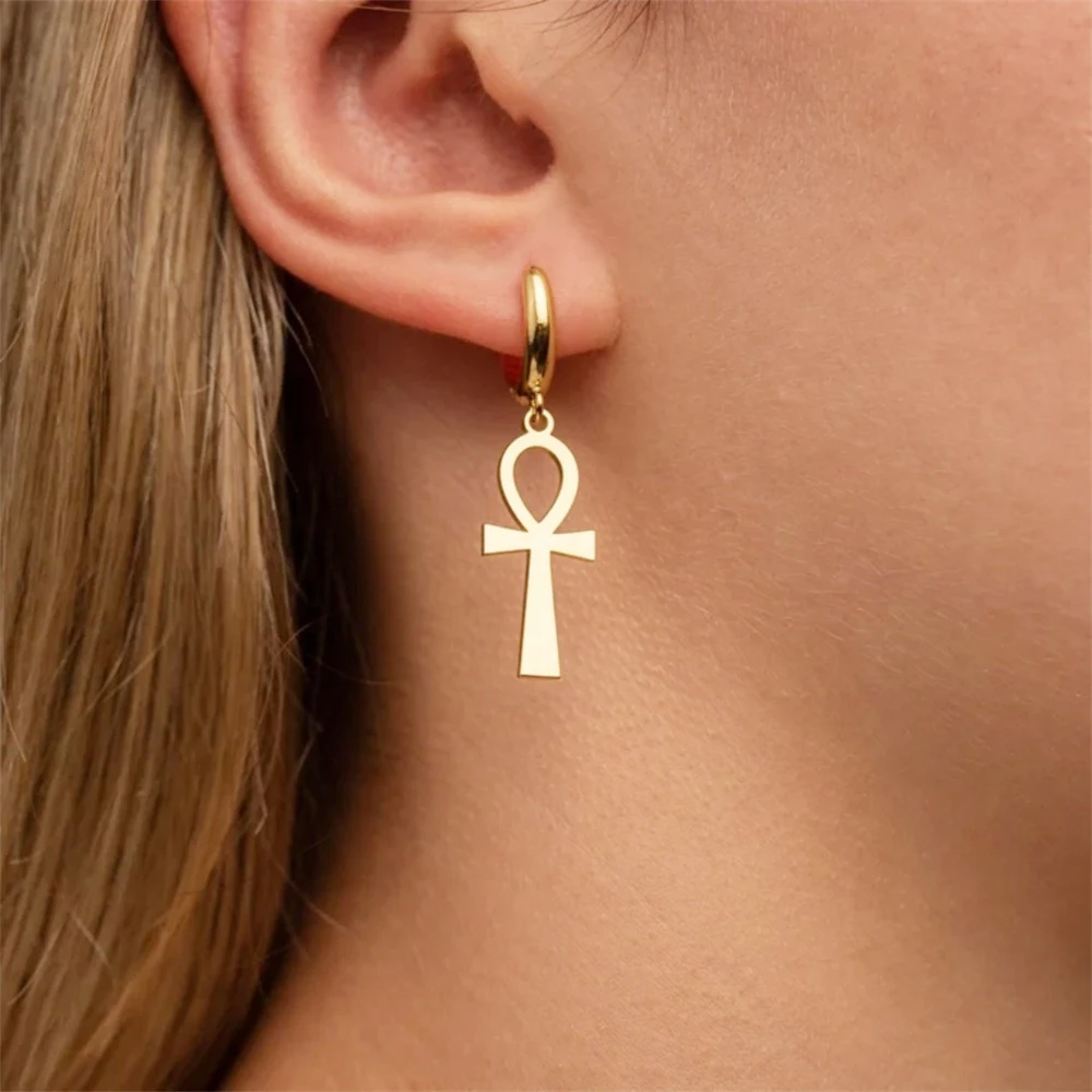 Minimalism  Ancient Egypt Ankh Drop Earrings for Women Vintage Key of Life Stainless Steel Earrings Girls Charm Jewelry Gifts