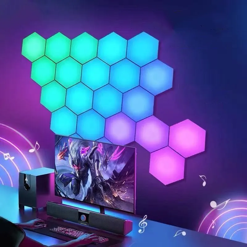 

Светодиодный шестиугольный настенный RGB-светильник, умная лампа с поддержкой Bluetooth и Wi-Fi, с ритмом, подходит для компьютерных игр, украшение для спальни